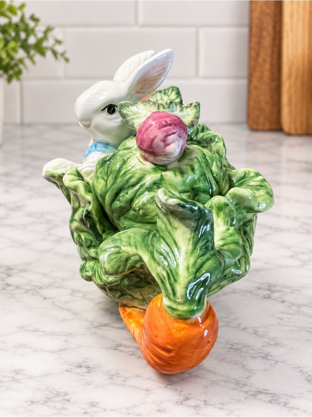 Bunny Rabbit Cabbage Teapot Carrot Handle Radish Lid Ceramic Easter Decor VTG - Picture 2 of 6